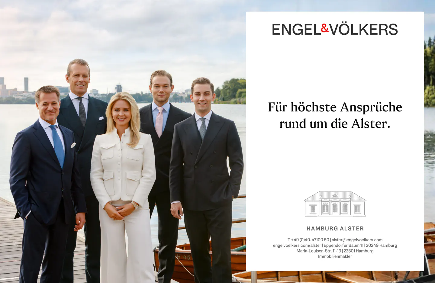 Engel & Völkers real estate ad featuring five agents in suits by a lake, with text "Für höchste Ansprüche rund um die Alster."
