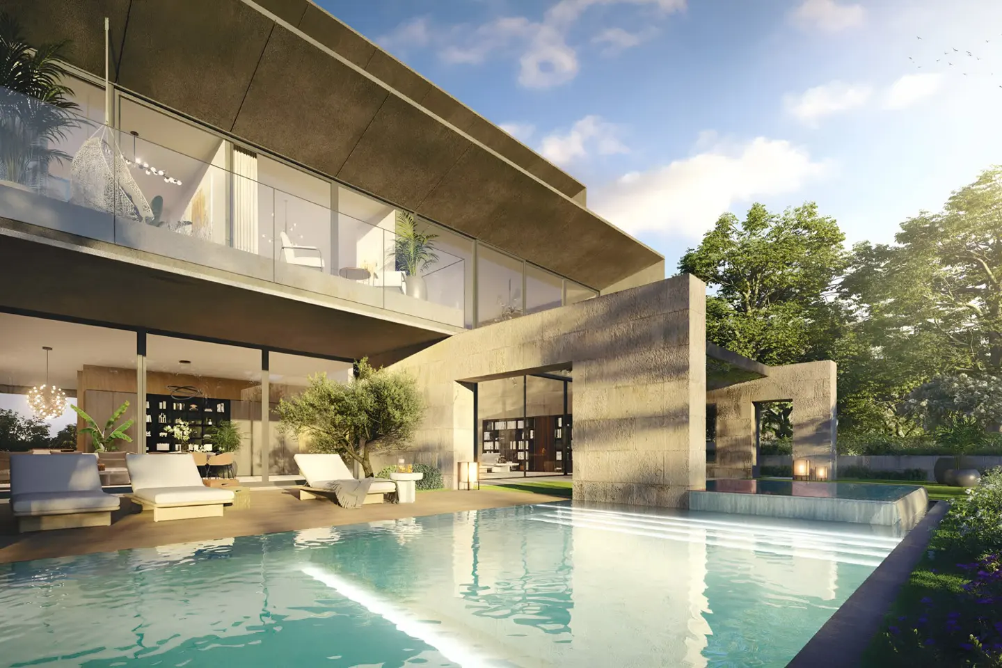 Modern two-story villa with a swimming pool, lounge chairs on a wooden deck, and lush green trees under a sunny sky.
