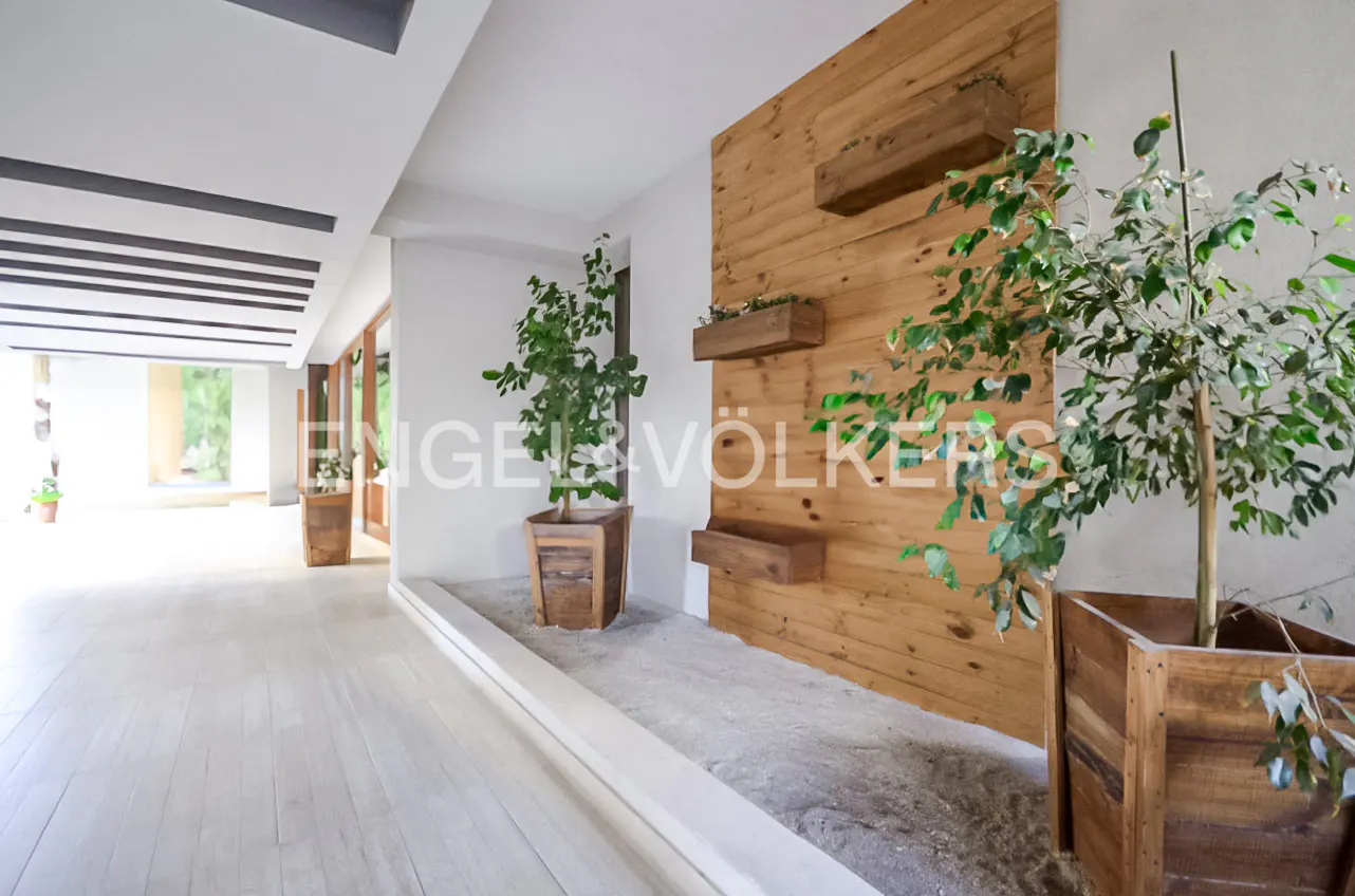 Hallway with light wood floors, white walls, and a wooden accent wall with plants in wooden planters.