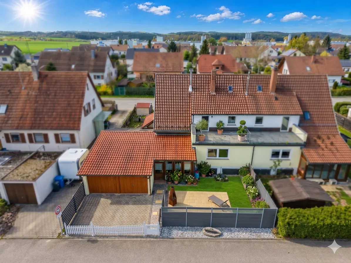 Aerial view of a yellow two-story house with a red tile roof, a green lawn, and a wooden garage in a suburban neighborhood.
