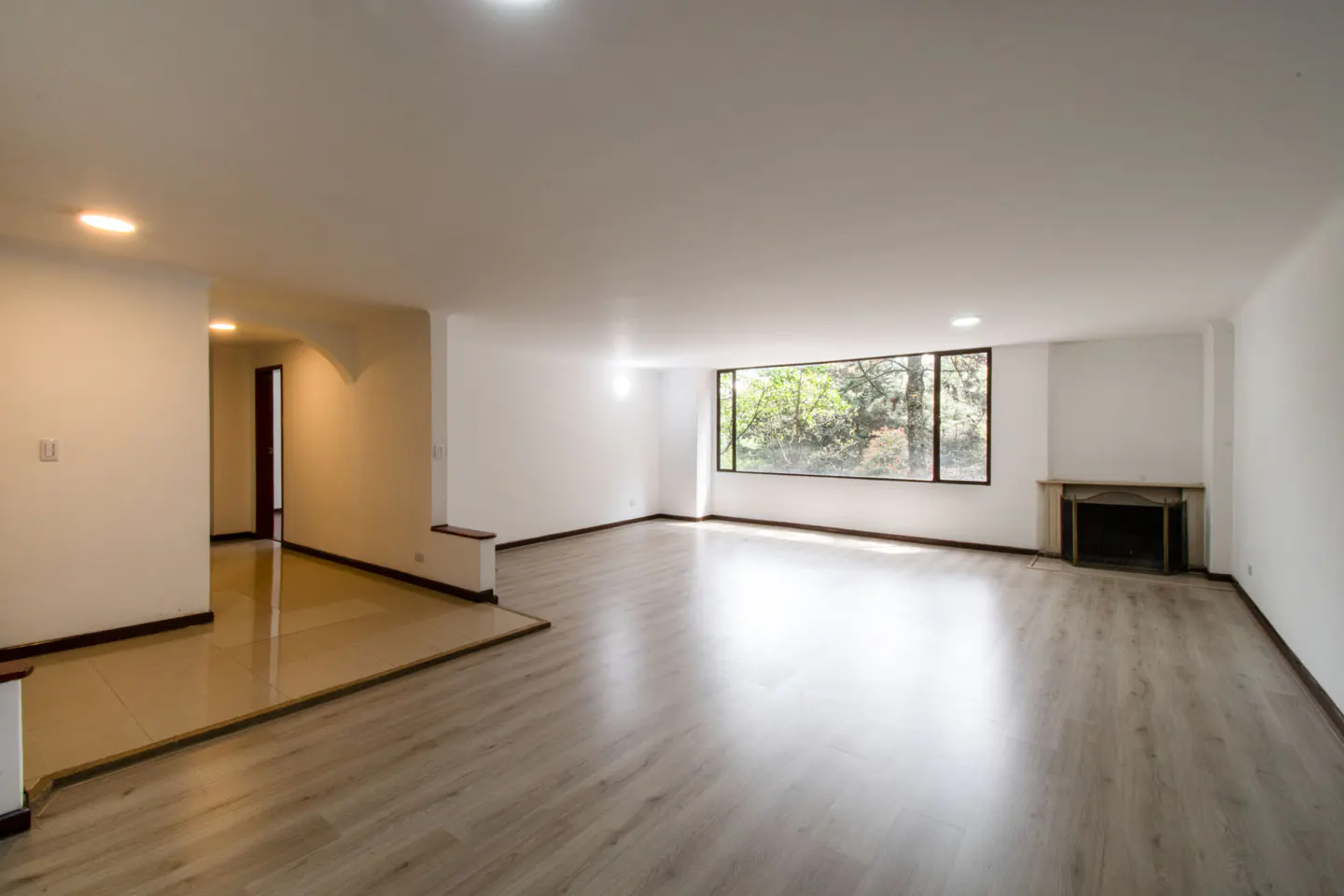 Spacious, empty living room with light wood floors, white walls, a fireplace, and a large window overlooking trees.