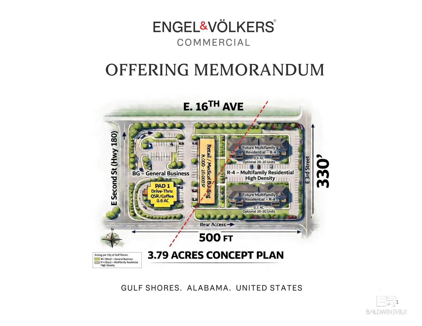 Engel & Völkers commercial offering memorandum, concept plan for 3.79 acres in Gulf Shores, Alabama. Site includes retail, multifamily residential, and drive-thru.