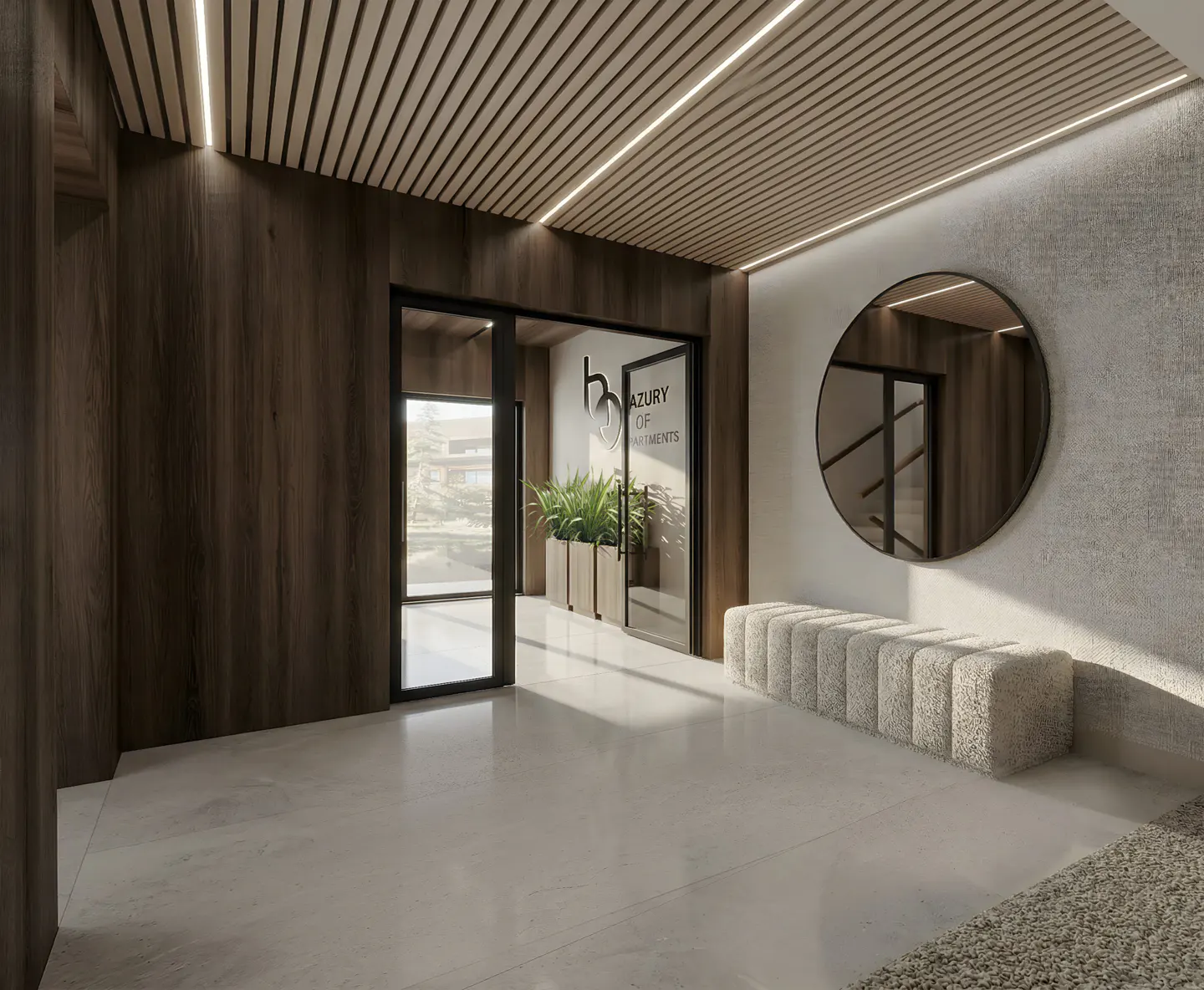 Modern apartment lobby with wood-slat ceiling, white marble floors, a textured bench, and a large circular wall mirror.