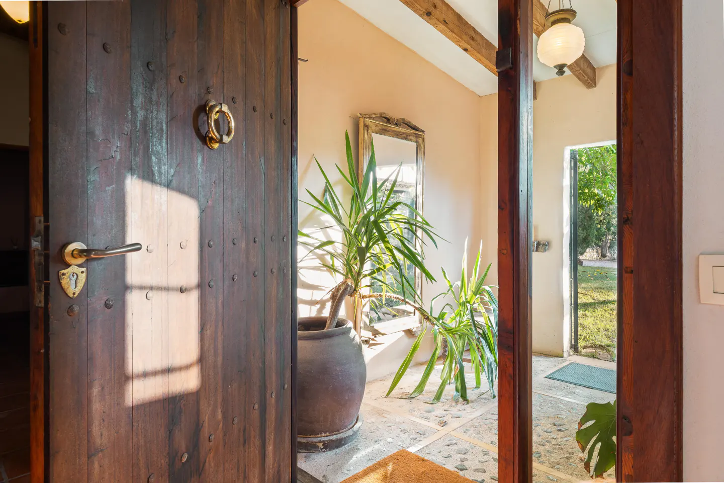 Open wooden front door with brass hardware, leading to a foyer with a potted plant, mirror, and view to the outside.