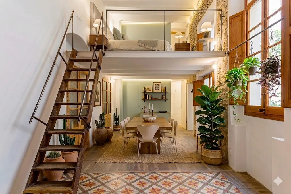 Interior view of a loft apartment with a dining area, wooden stairs leading to a bedroom loft, and plants near a window.