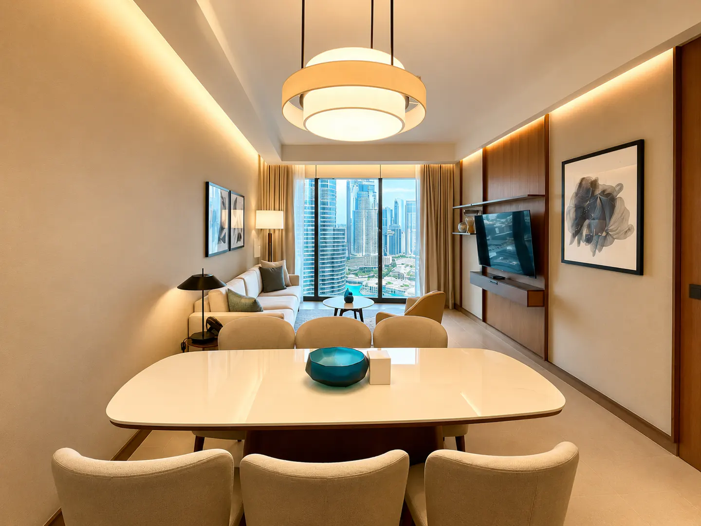 A modern apartment interior with a dining table, chairs, and a view of a city skyline through a large window.