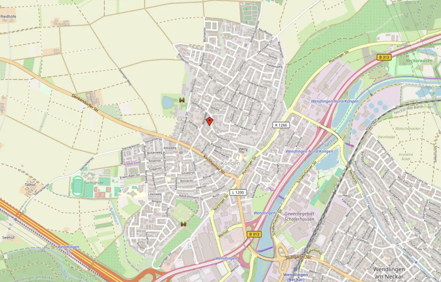 Map view of Kongen, Germany, with streets, buildings, and green spaces. A red pin marks a specific location in the town.