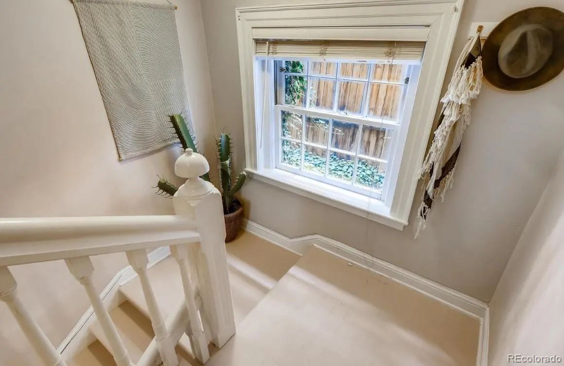 A bright stairwell with white banister, a window with blinds, and a cactus in a pot. A hat and scarf hang on the wall.