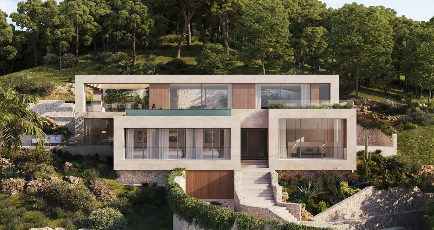 Modern beige house on a hill with large windows, a pool, and stone steps leading to the entrance. Lush green trees in the background.