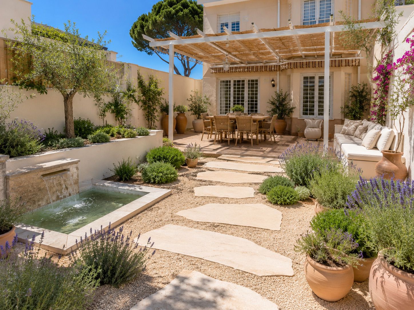 A sunny Mediterranean patio with a stone fountain, gravel path, dining set under a pergola, and potted lavender plants.