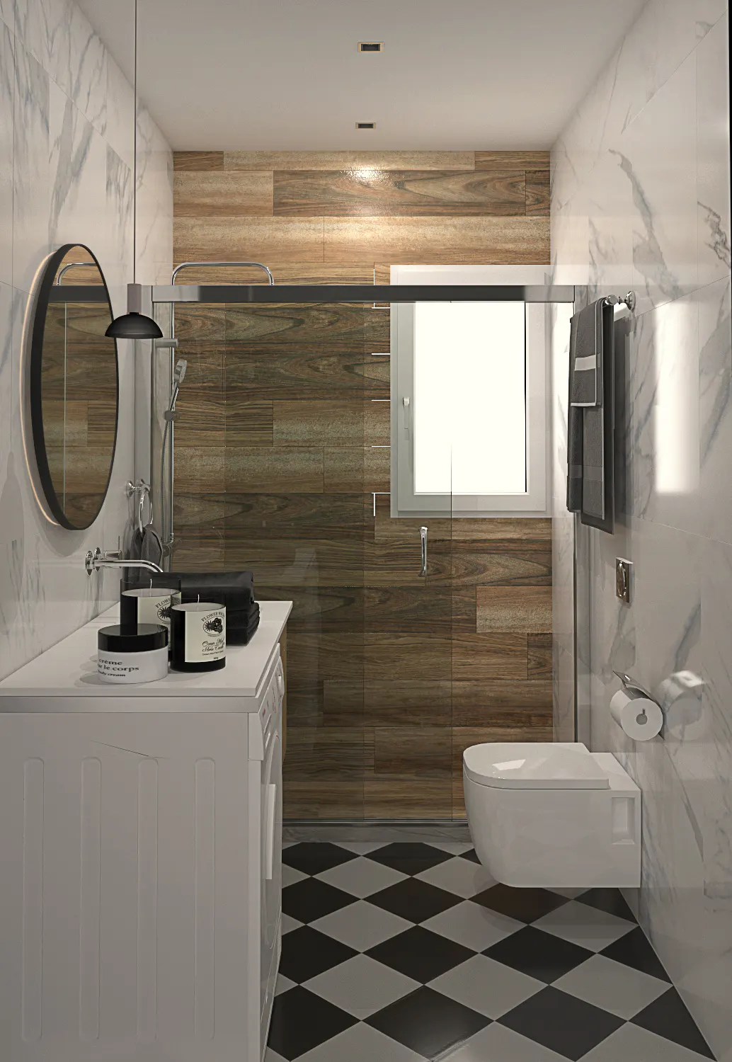 Modern bathroom with marble walls, wood-look shower, and black and white diamond tile floor. White vanity and toilet.