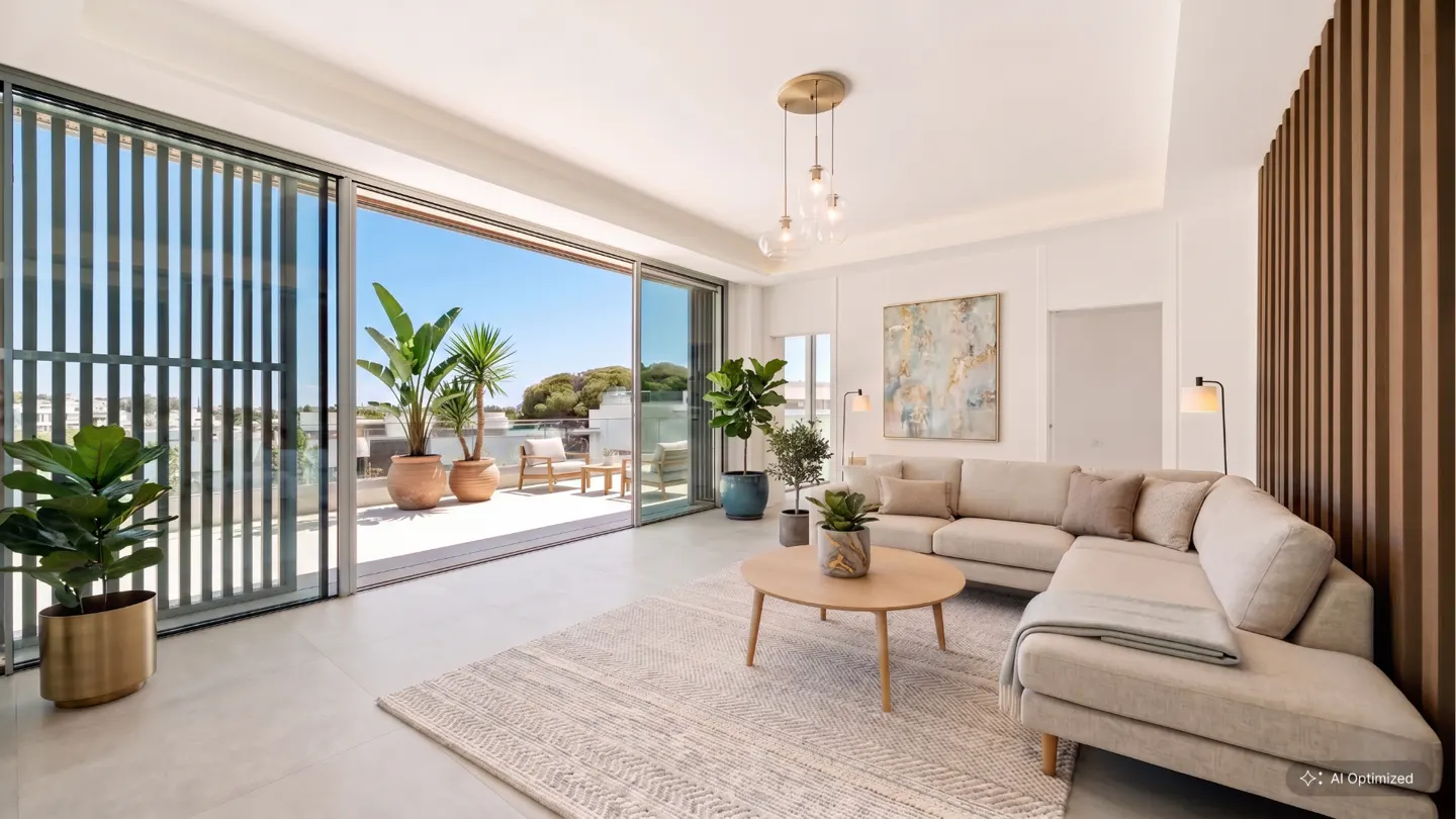Bright living room with beige sectional sofa, round wood table, and patterned rug. Sliding glass doors open to a sunny balcony with plants.