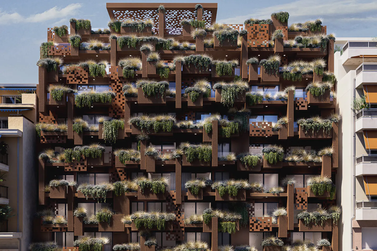 Exterior of a modern, brown apartment building with greenery on each balcony.