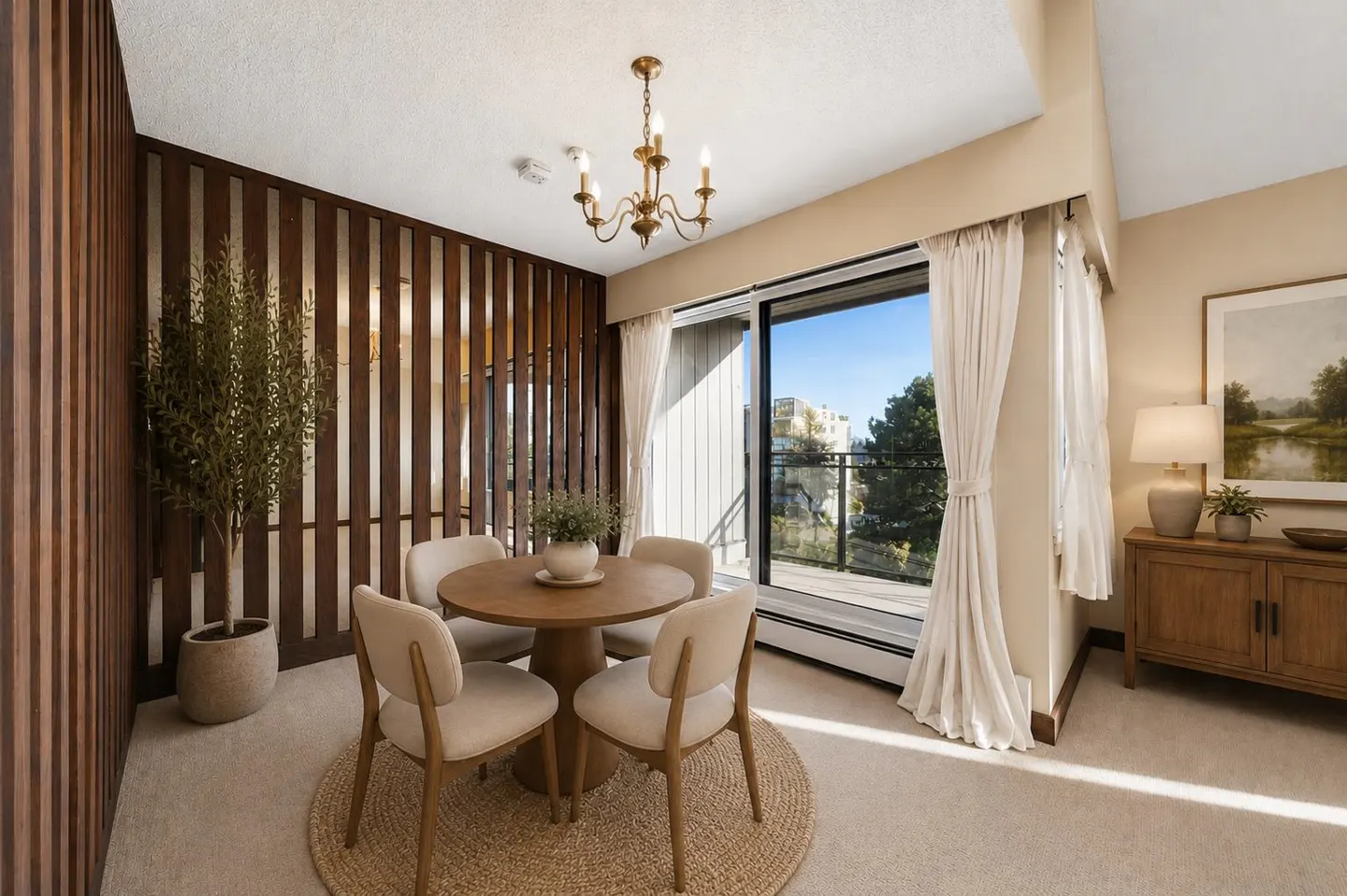 A dining area with a round wooden table, four chairs, and a jute rug. A wood slat wall and a sliding glass door to a balcony are visible.