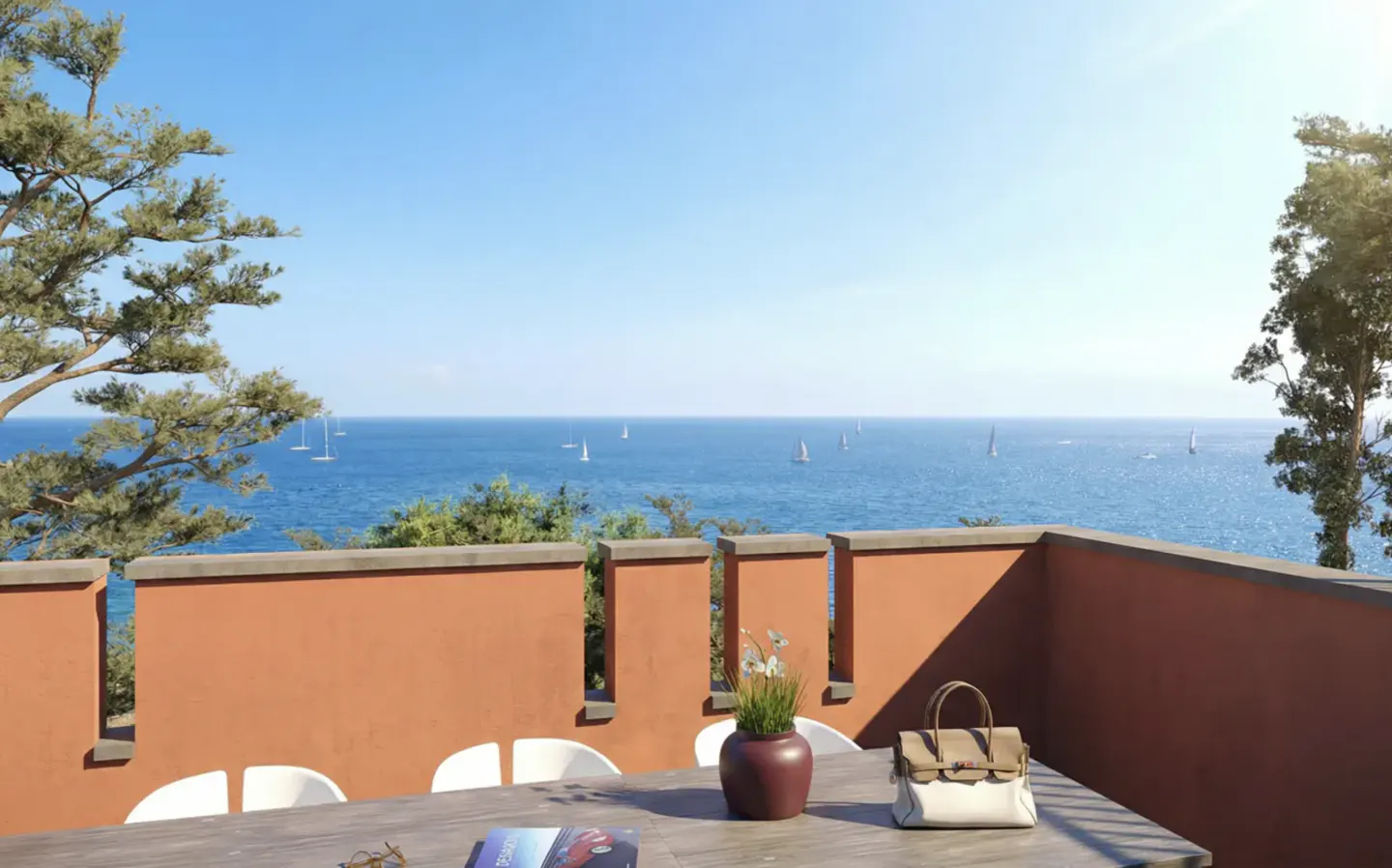 Terrace view of the ocean with sailboats. Table with purse, flowers, book, and glasses. Orange wall and blue sky.