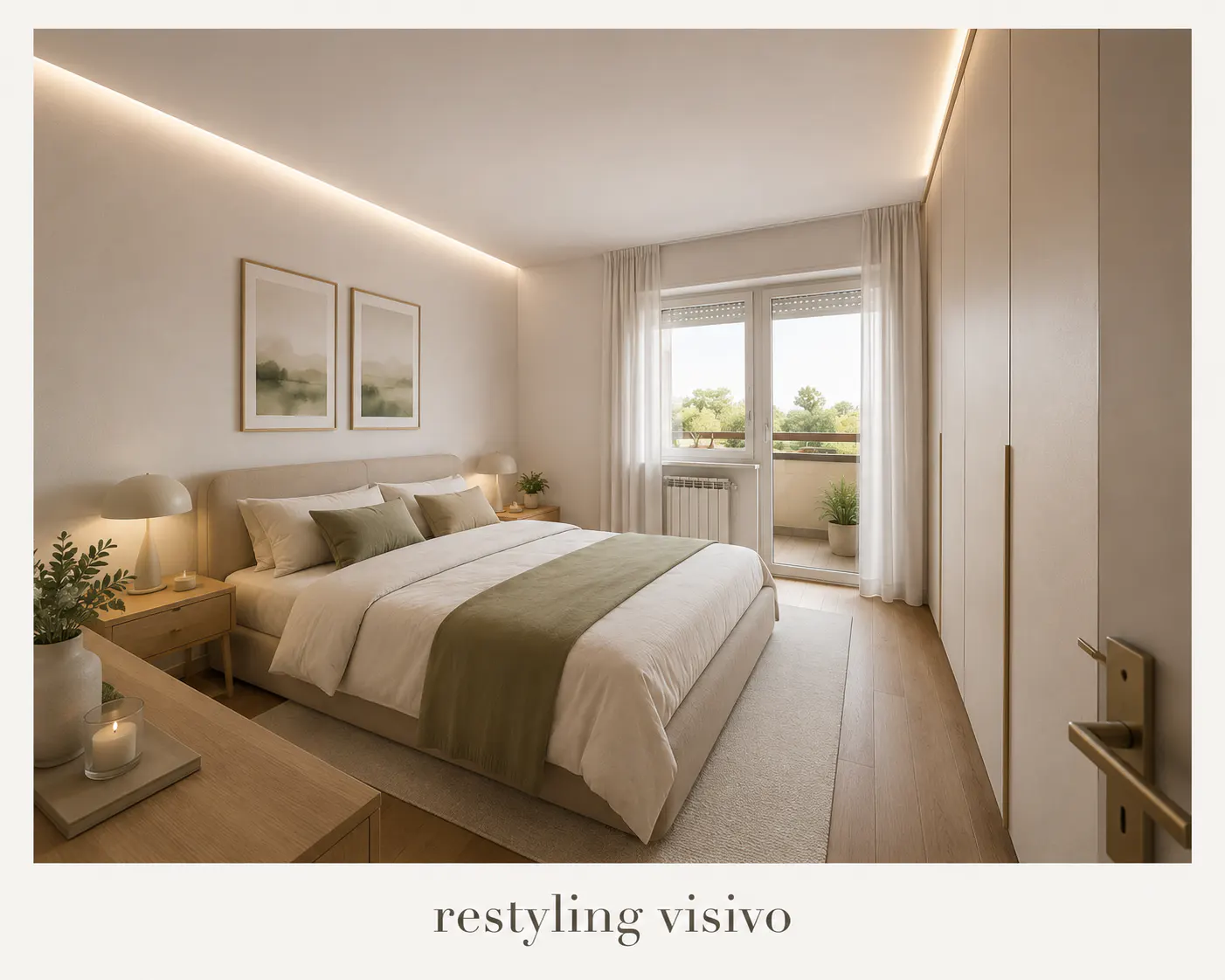 Bright bedroom with a beige bed, green accents, and a balcony. Two landscape paintings hang above the bed. A large wardrobe stands to the right.
