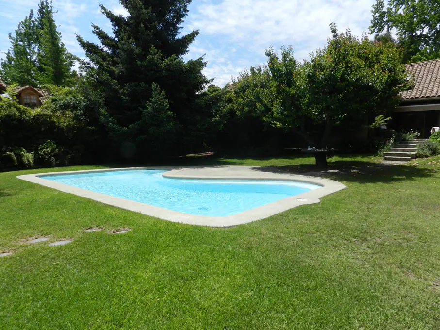 Backyard view of a light blue swimming pool surrounded by green grass and trees.