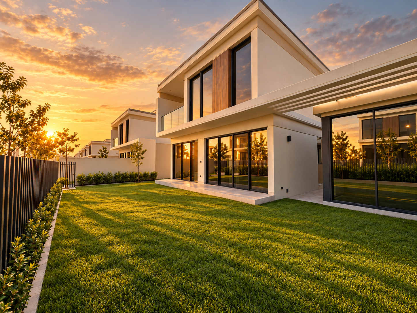 Modern two-story home with large glass windows and a manicured lawn at sunset, featuring a sleek fence and warm lighting. [AI-generated text]