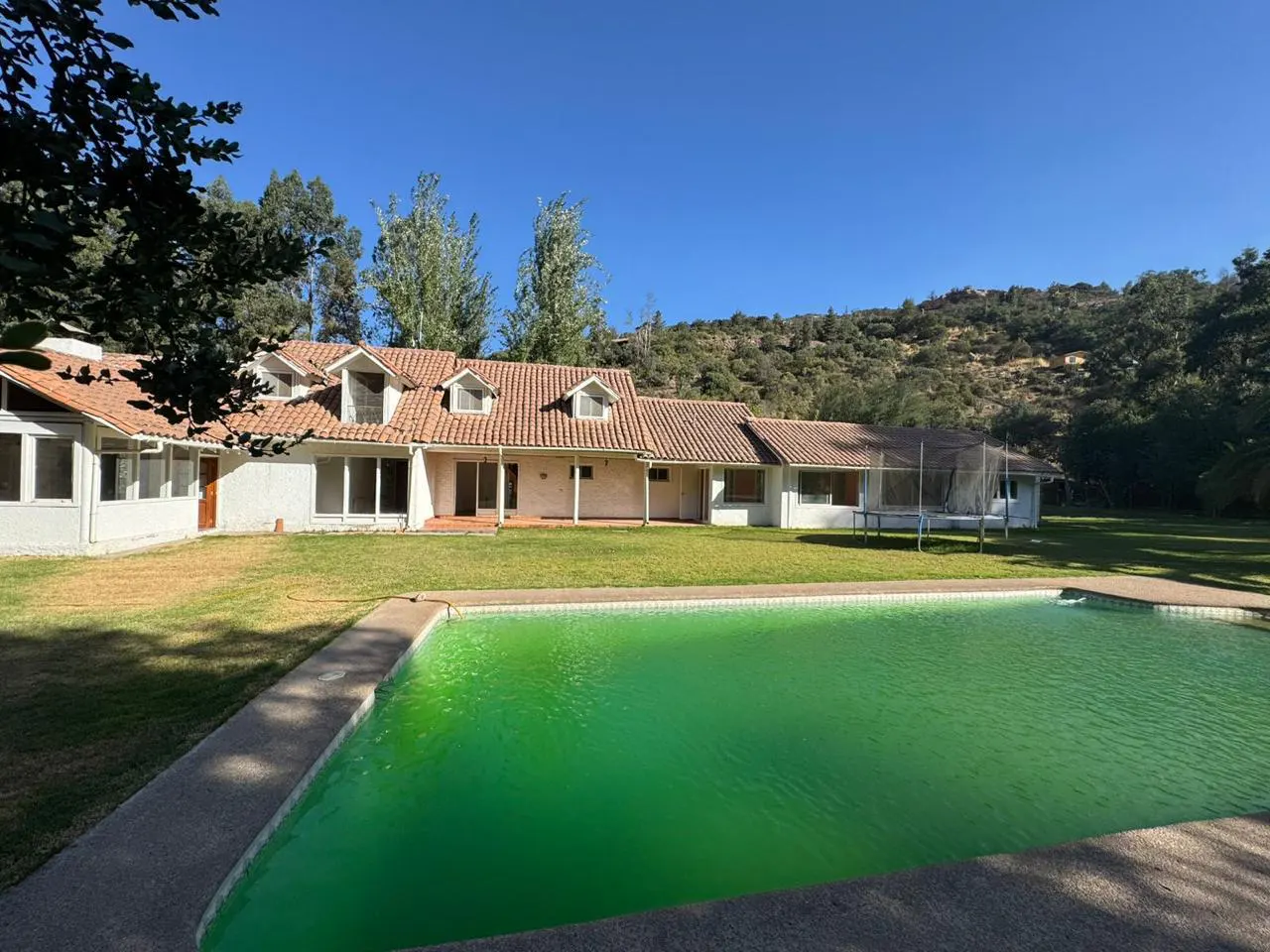 Single-story white house with a terracotta roof, large green swimming pool, and lawn against a clear blue sky.