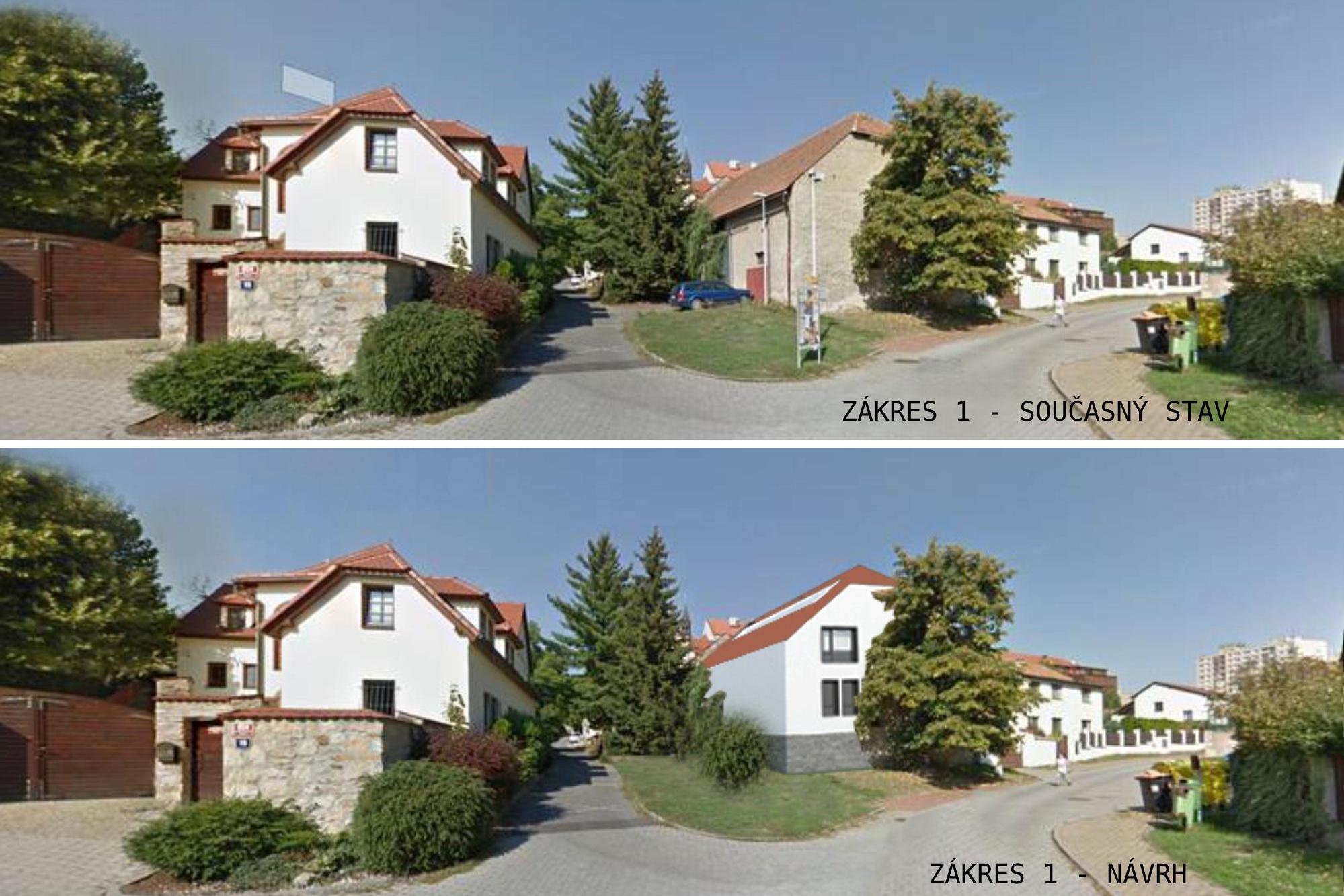 Two images show a street with houses. The top image shows the current state, and the bottom image shows the proposed state.