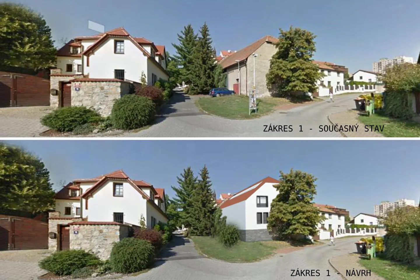 Two images show a street with houses. The top image shows the current state, and the bottom image shows the proposed state.