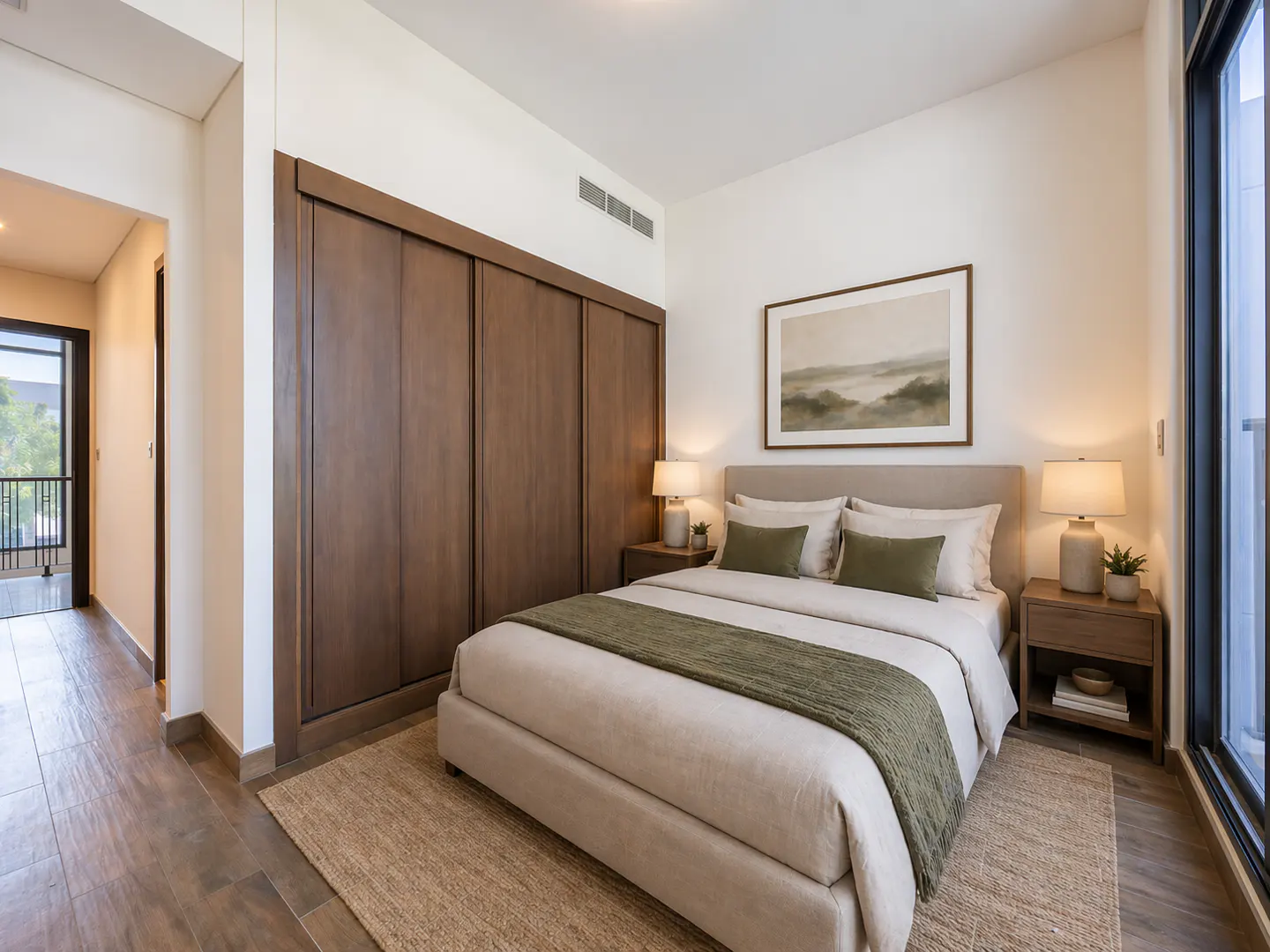 Bedroom with a beige bed, green pillows and throw, wood nightstands, lamps, and a large brown closet.