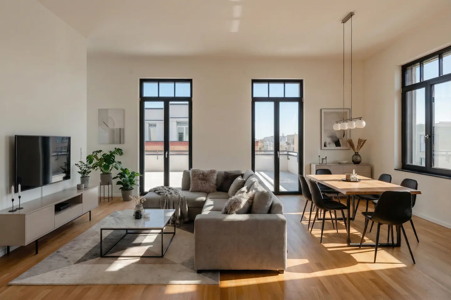 Bright, modern living room with a gray sectional sofa, wood floors, and black-framed windows leading to a balcony. A dining table with black chairs is visible.
