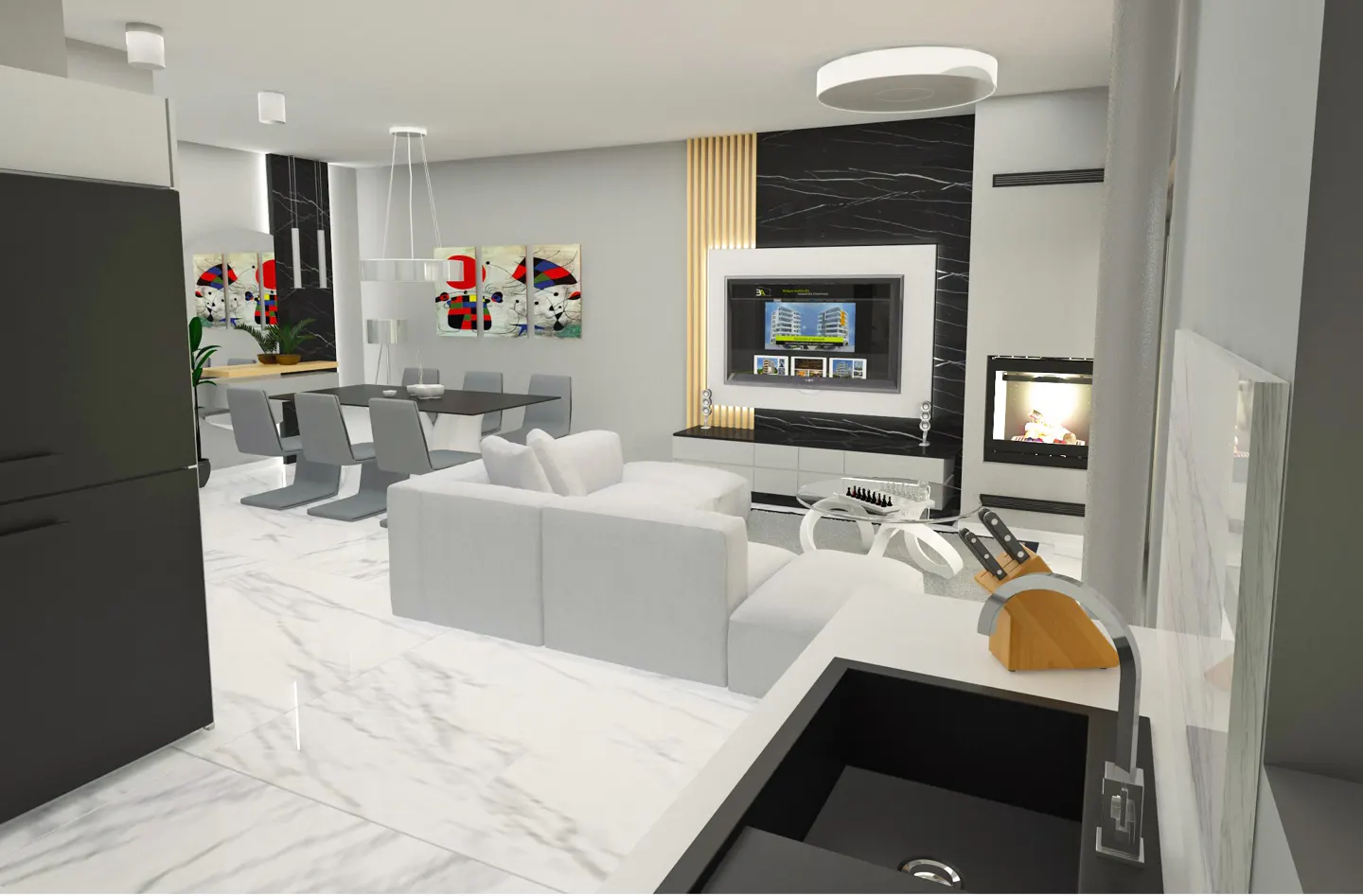Modern living room with white marble floors, a white sofa, a black kitchen sink, and a dining table with gray chairs.