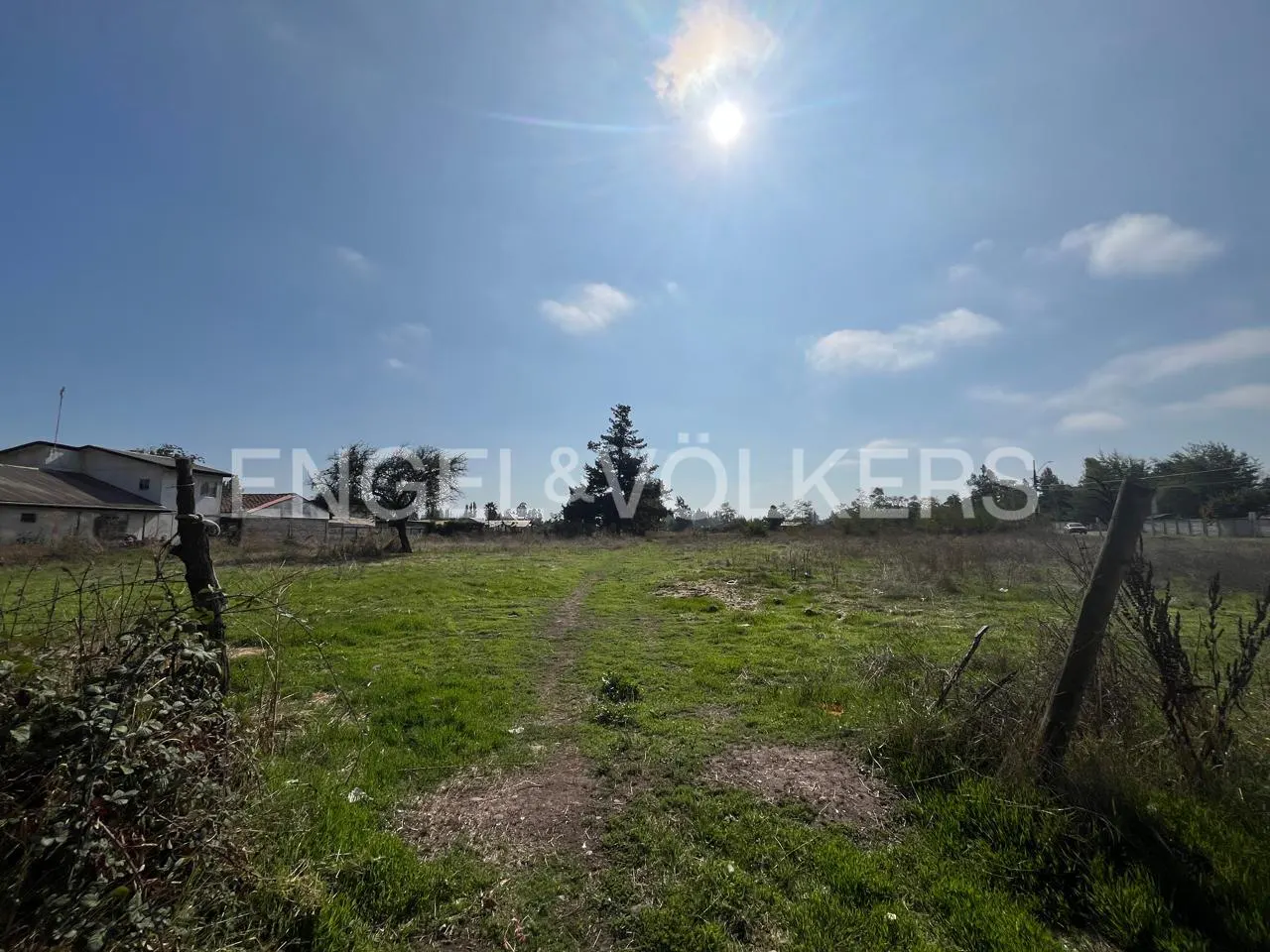 A sunny, grassy field with a dirt path leads to trees under a blue sky with scattered clouds. Fences border the property.