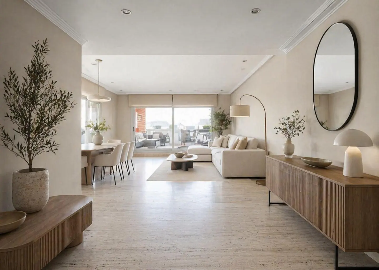 Bright, open-concept living space with neutral tones. A dining table, sofa, and wooden console table are visible. A balcony is in the background.