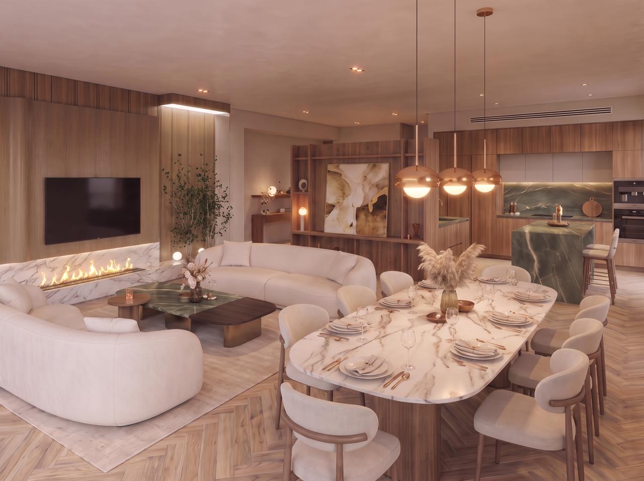 Modern open-plan living area with a curved cream sofa, marble fireplace, dining table, and kitchen with green marble island. [AI-generated text]