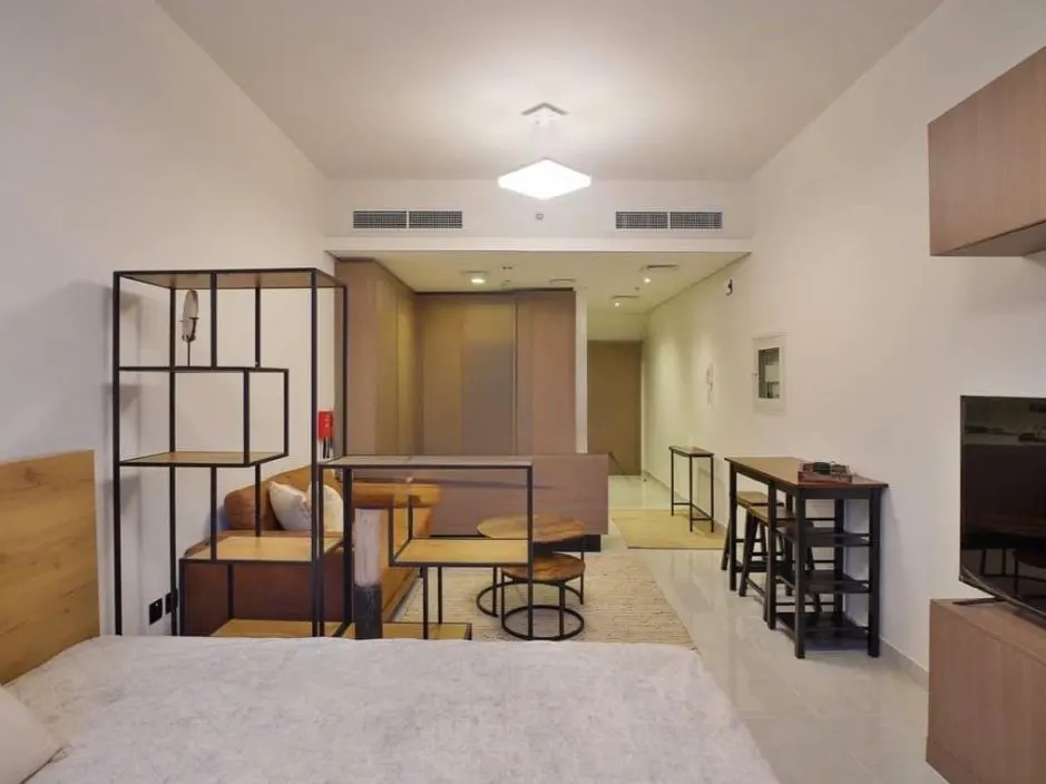 A bright studio apartment with a bed, brown sofa, black shelving, and a small dining table.
