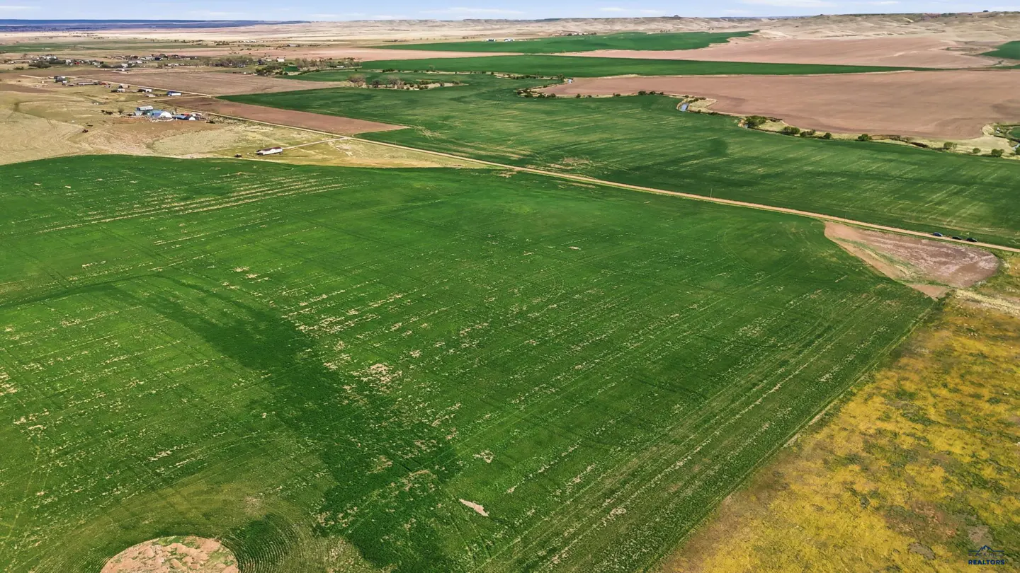 Aerial view of a large green field with a dirt road running through it, and a few buildings in the distance.