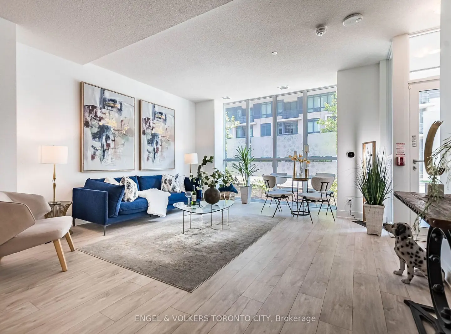 Bright living room with white walls, light wood floors, and large windows. A blue sofa, art, and a glass coffee table furnish the space.