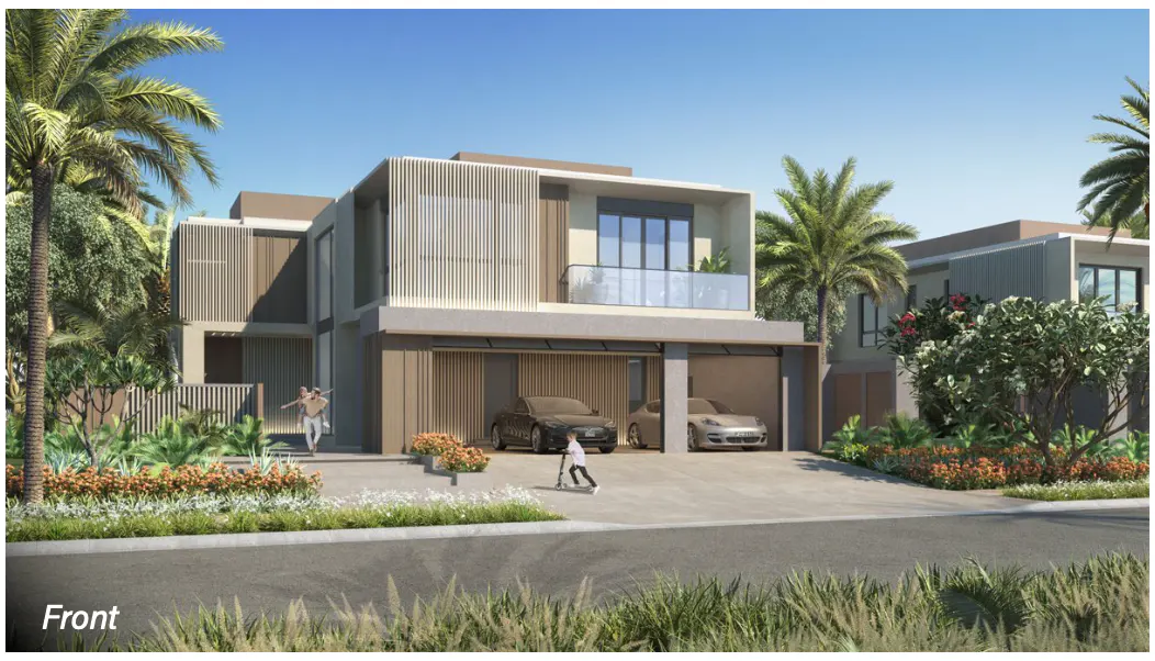 Two-story modern house with two cars parked in the garage. A child is on a scooter. Palm trees and blue sky.