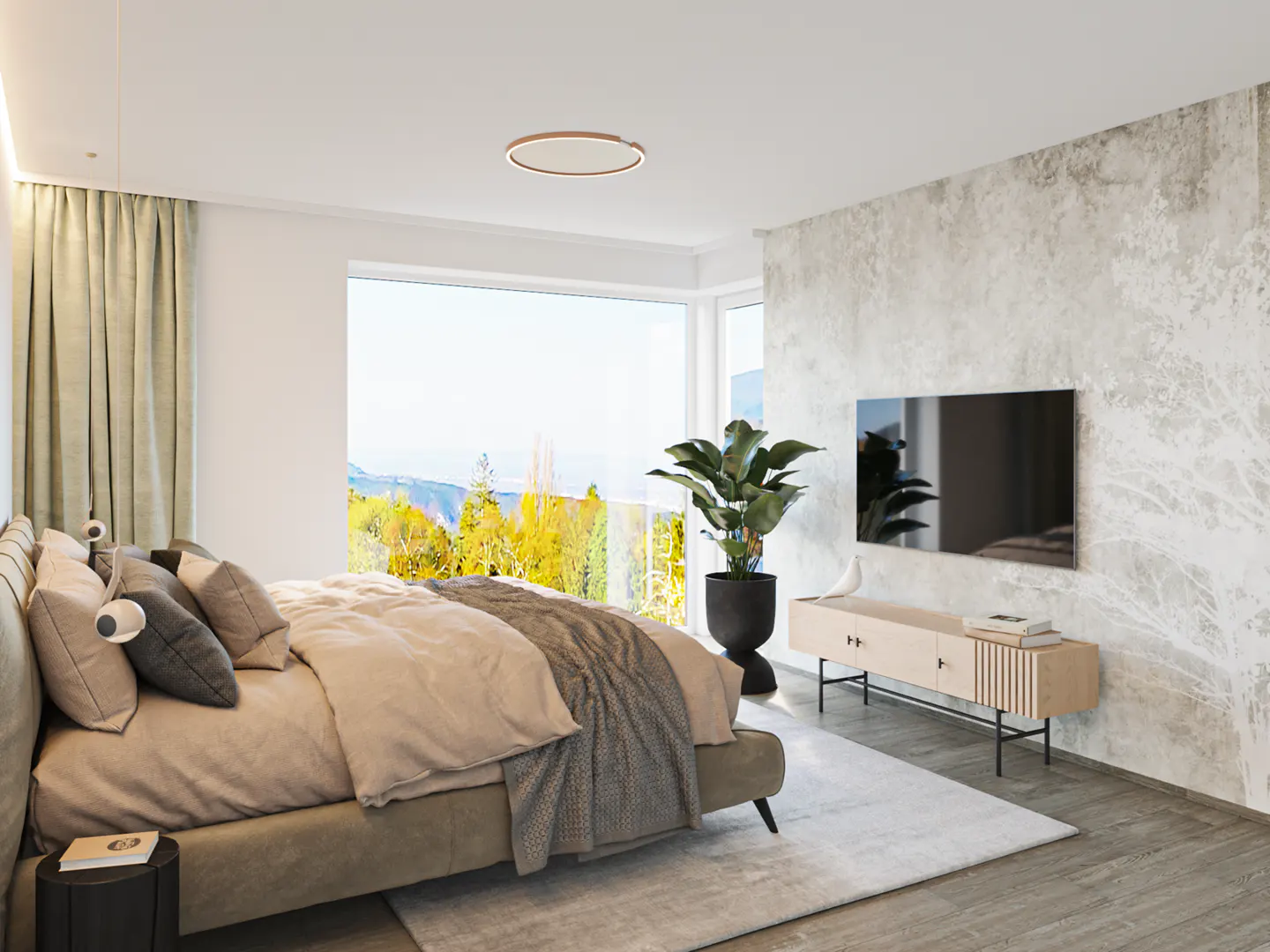 Bedroom with a large window view. A bed with beige linens and gray pillows sits near a window overlooking trees. A TV hangs on a gray patterned wall.