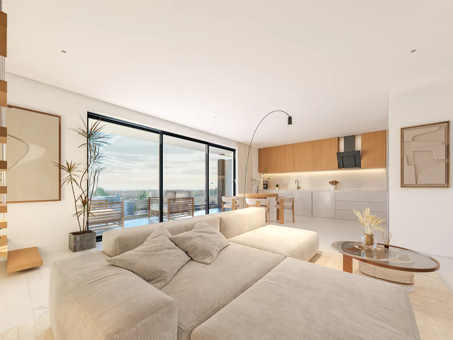 Bright, modern living room with a large beige sectional sofa, glass coffee table, and open kitchen with wood cabinets. Sliding glass doors lead to a balcony.