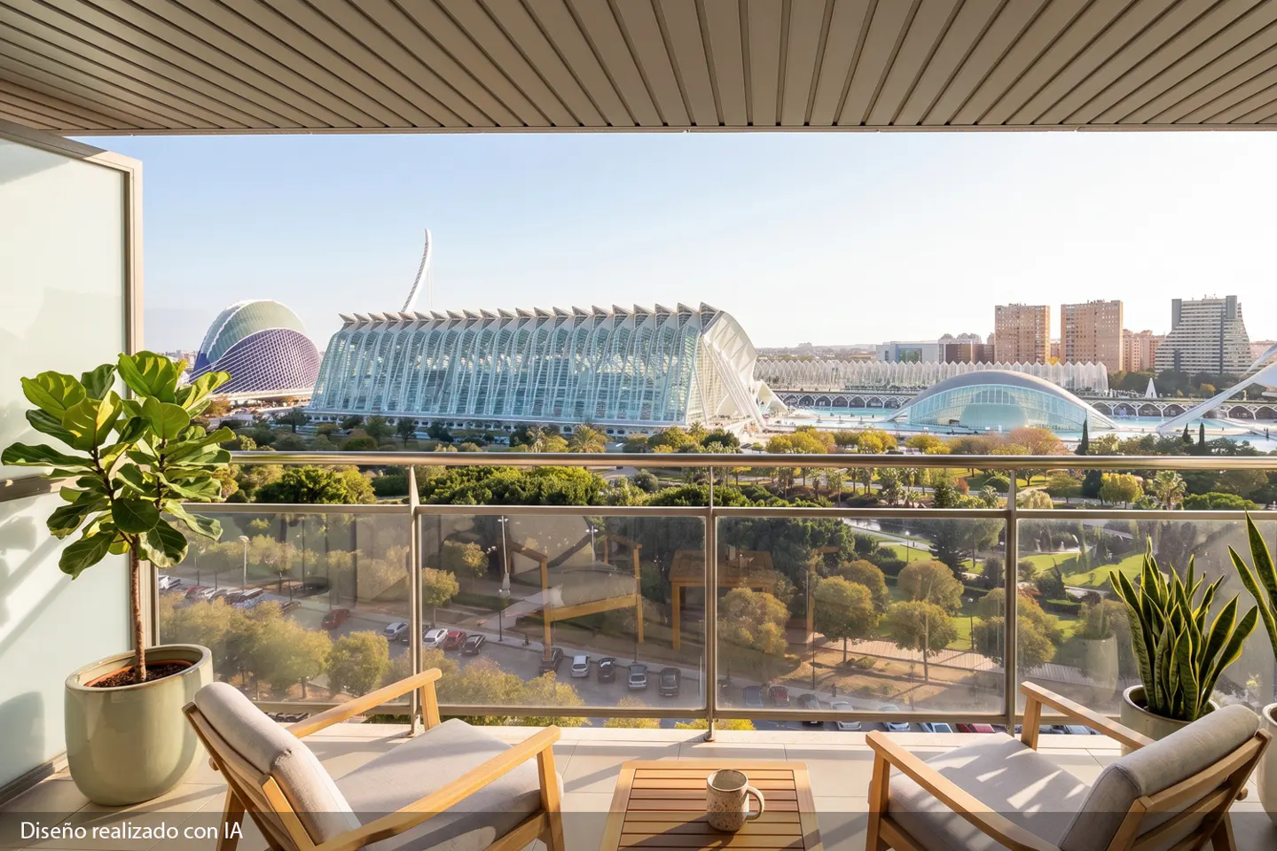 Balcony view of Valencia's City of Arts and Sciences. Two chairs and a table with a mug sit on the balcony. Potted plants frame the view.