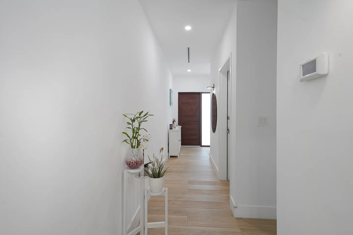 Bright hallway with white walls and light wood floors. A plant stand with greenery sits near the entrance. A dark wood door is at the end of the hall.