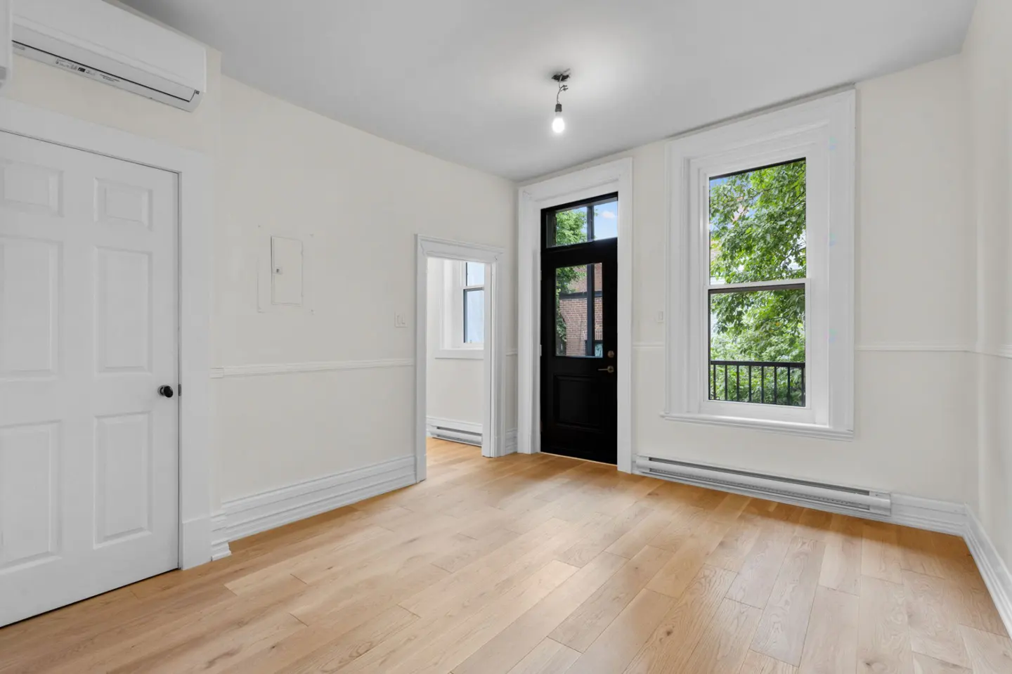 Bright, empty room with light wood floors, white walls, and a black door. A window shows green trees and a balcony.