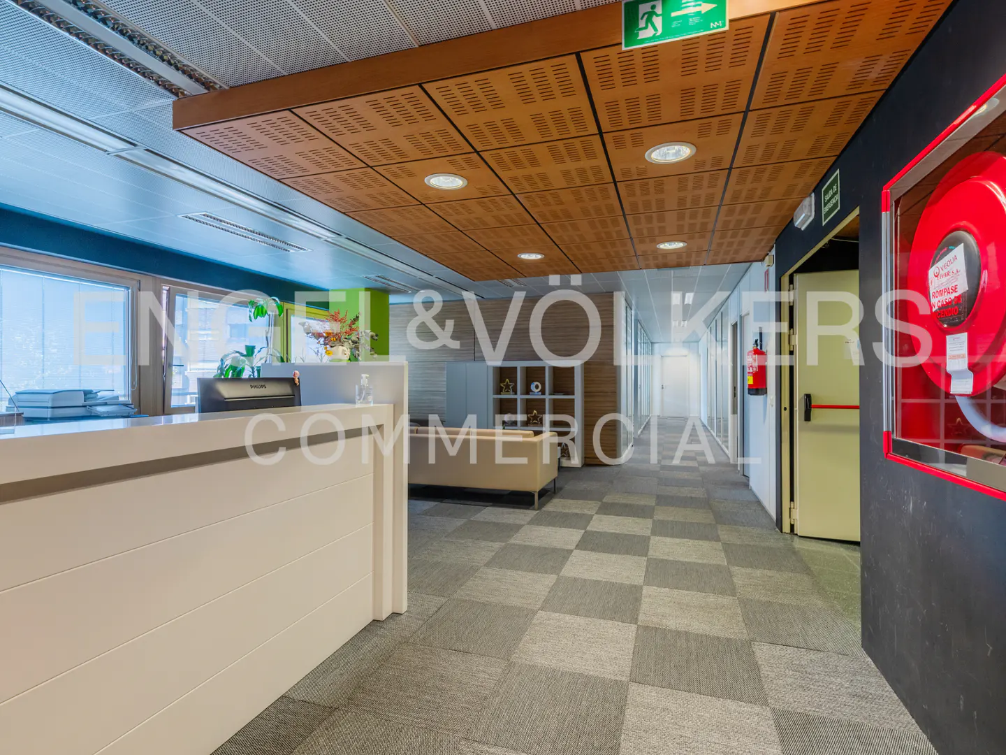 Office interior with a white reception desk, checkered carpet, and a brown ceiling with recessed lighting. A red fire hose is mounted on the wall.