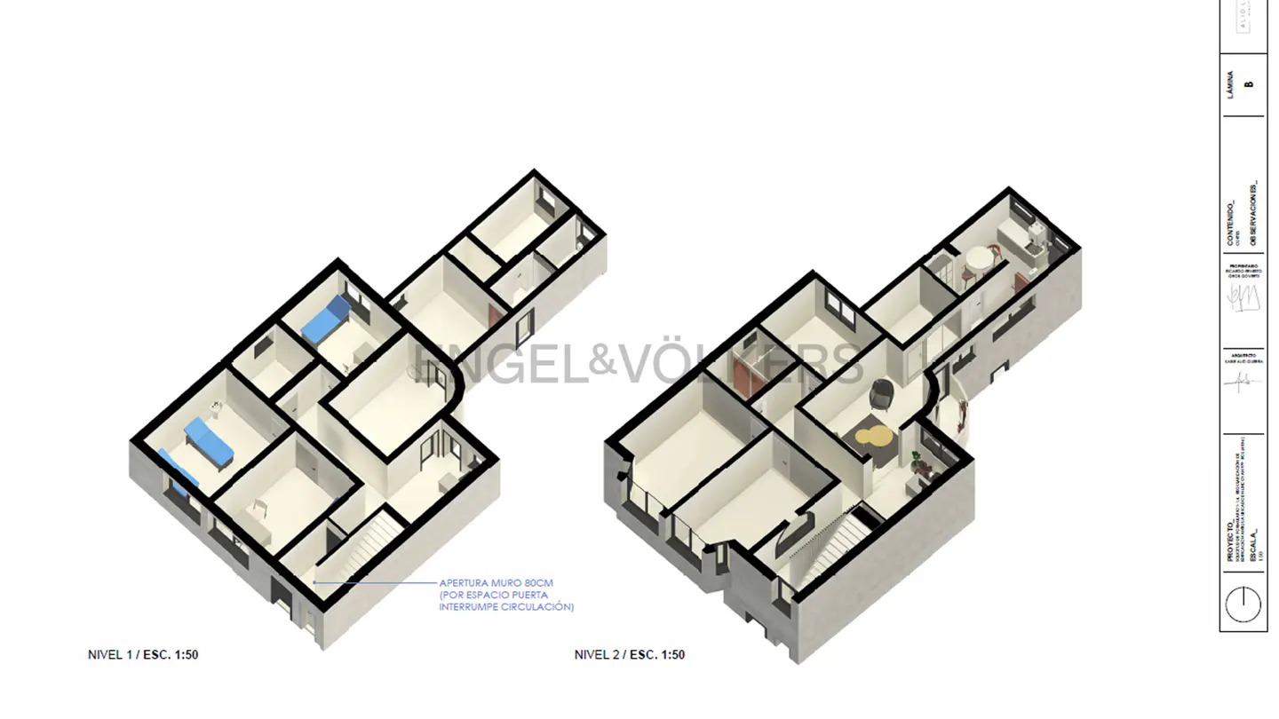 Isometric floor plan showing two levels of a house with rooms, stairs, and furniture. The walls are white with black outlines.