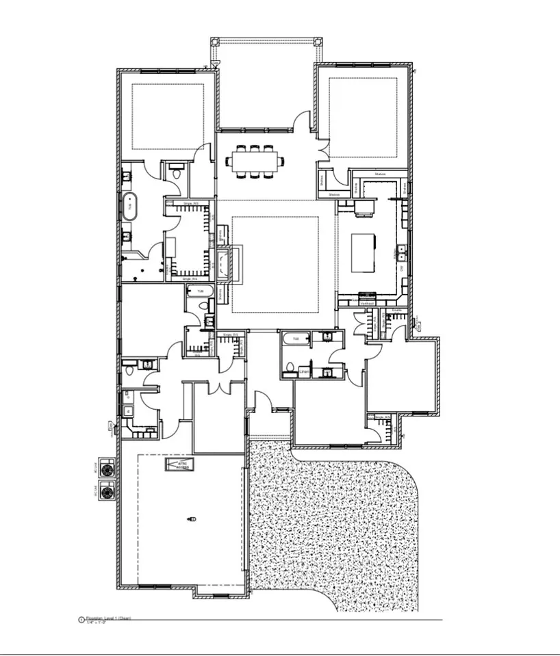 Black and white architectural floor plan showing rooms, bathrooms, closets, and outdoor patio and garden areas.