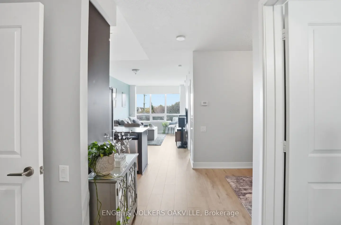 Interior view of a condo with light wood floors, white walls, and a living room with large windows. A gray cabinet with plants sits near the entrance.