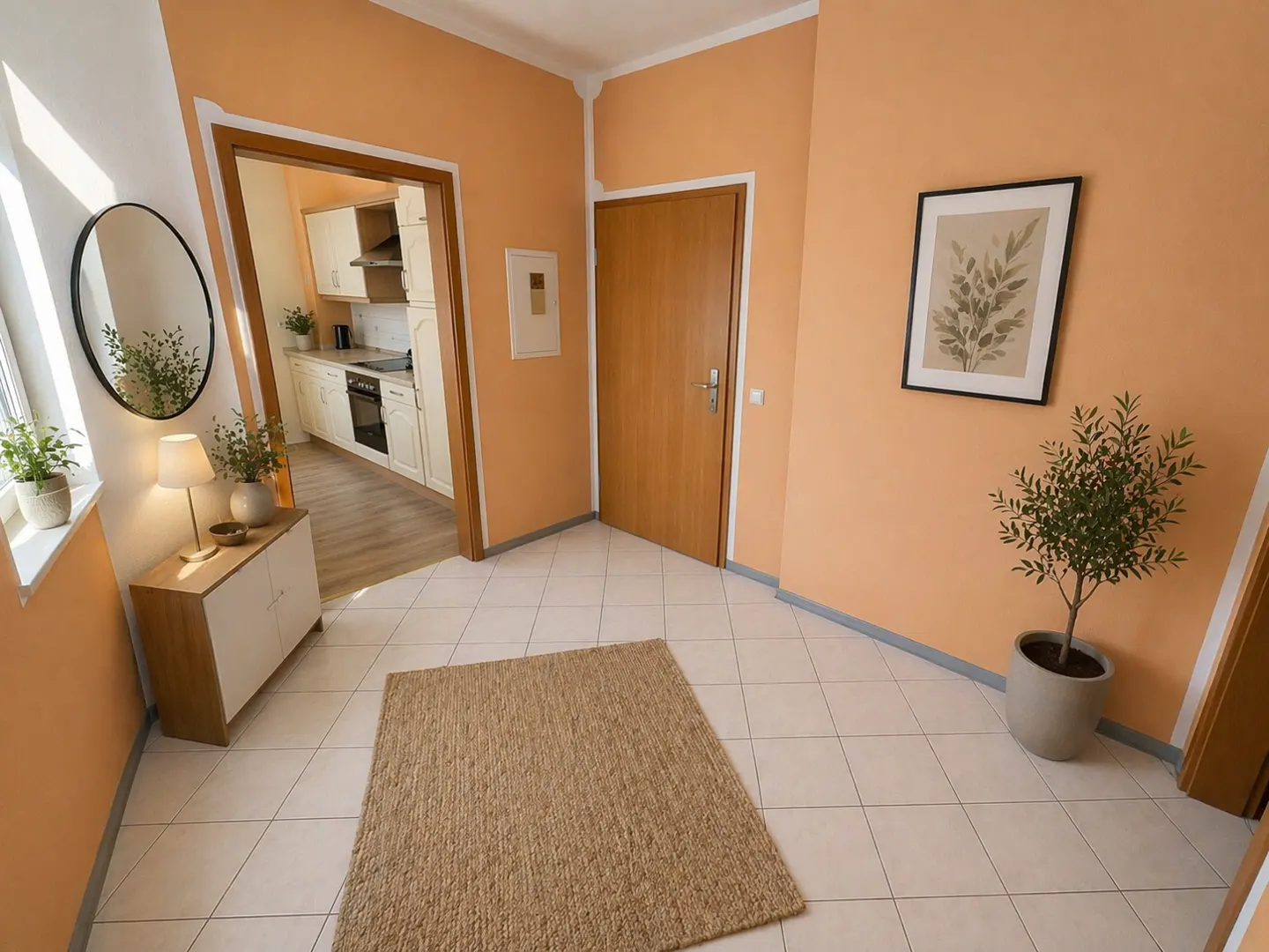 Apartment entryway with peach walls, white tile floor, and a jute rug. A kitchen is visible through a doorway. A mirror and plant sit on a cabinet.