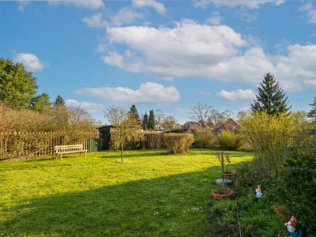 A lush green backyard with a bench, shed, and garden gnomes under a blue sky with fluffy white clouds.