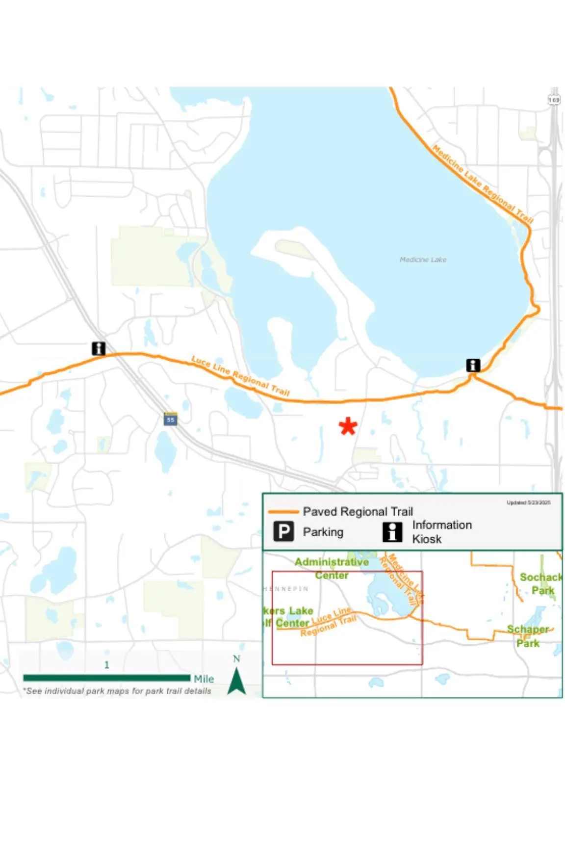 Map of Medicine Lake Regional Trail with paved trails, parking, and information kiosks marked. A red star indicates a specific location.
