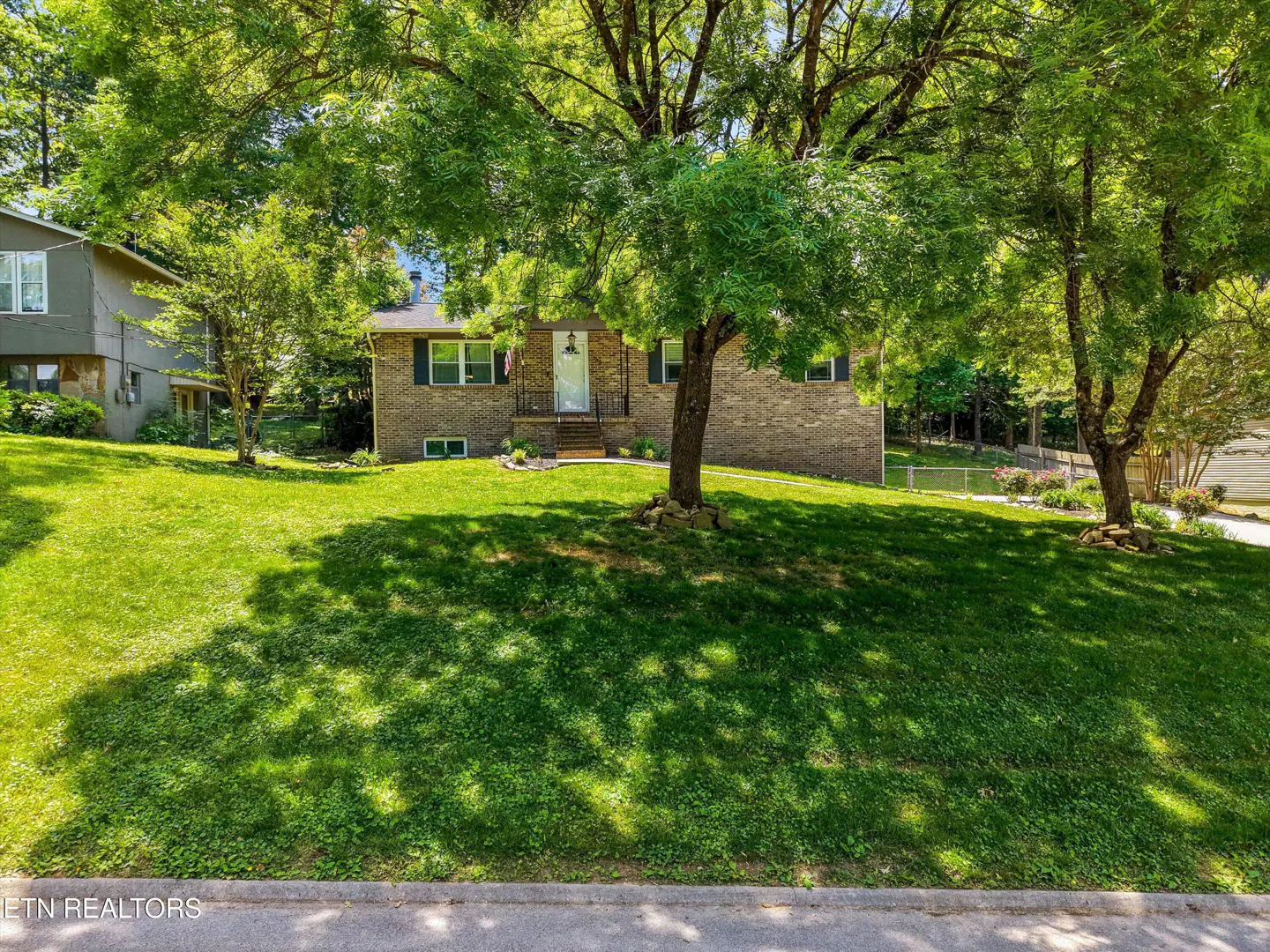 A single-story brick house with a white door is partially obscured by a large tree. The lawn is green and lush.