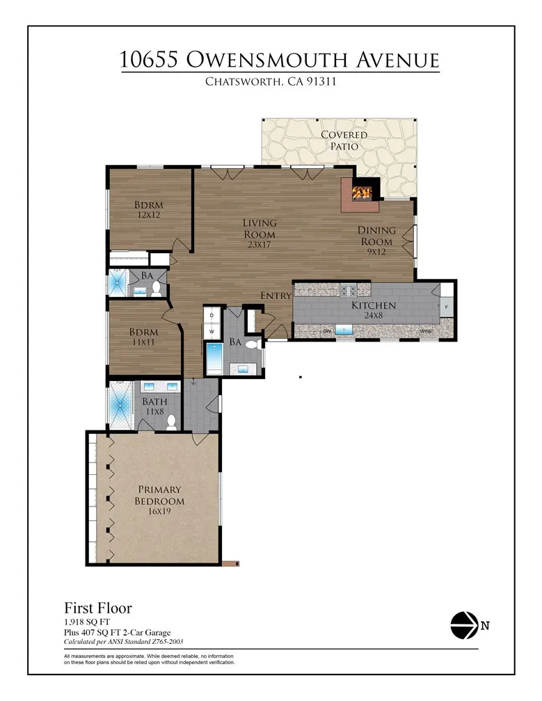 Floor plan of a house at 10655 Owensmouth Ave, Chatsworth, CA 91311. It includes bedrooms, bathrooms, living room, kitchen, and patio.