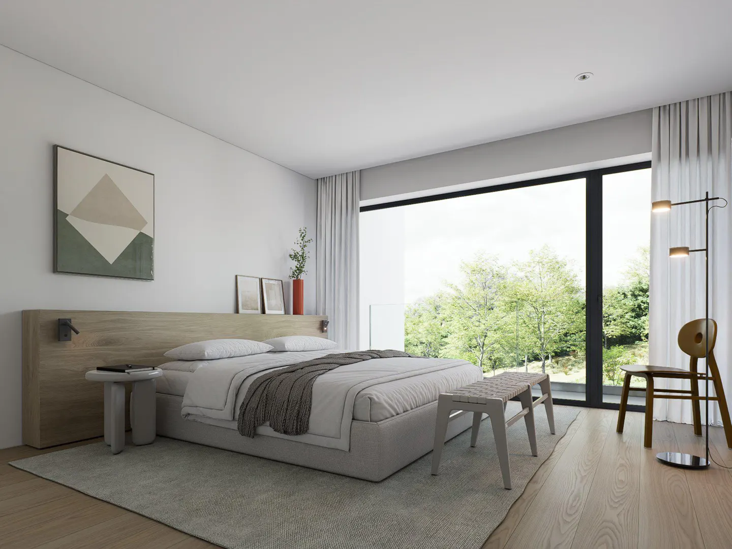 Bright bedroom with a large window view. A bed with white linens and a gray throw blanket sits on a gray rug. A wooden chair and lamp are near the window.